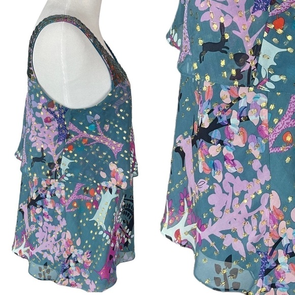 TIBI New York Silk Metallic Gold Teal Rabbit Woodland Forest Sleeveless Blouse 2 - Picture 8 of 15